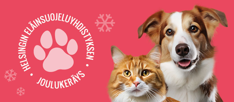 HESYn tonkkakeräyksen 2023 mainoskuva: punavalkoinen kissa ja ruskeavalkoinen koira haaleanpunaisella taustalla.
